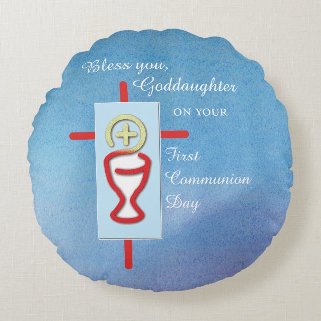 Goddaughter, First Holy Communion, Turquoise Round Cushion (Front)
