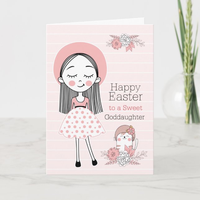 Goddaughter Girl and Cat in Pink and Black Easter Holiday Card (Front)
