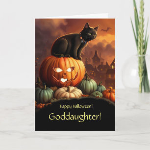 Goddaughter Halloween with Cat and Pumpkins Card