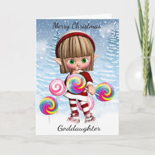 Goddaughter Little Elf With Candy Pops And Snow Holiday Card