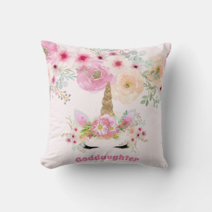 GODDAUGHTER Pink Gold Glitter Flowers Unicorn Face Cushion