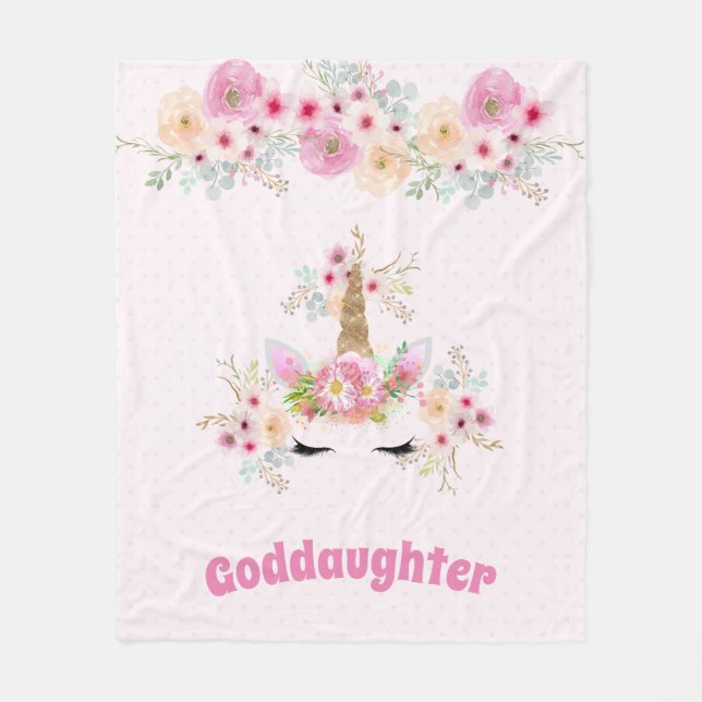GODDAUGHTER Pink Gold Glitter Flowers Unicorn Face Fleece Blanket (Front)