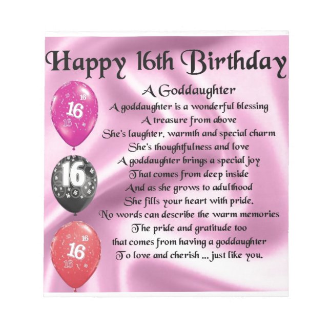 Goddaughter Poem - 16th Birthday Notepad (Front)