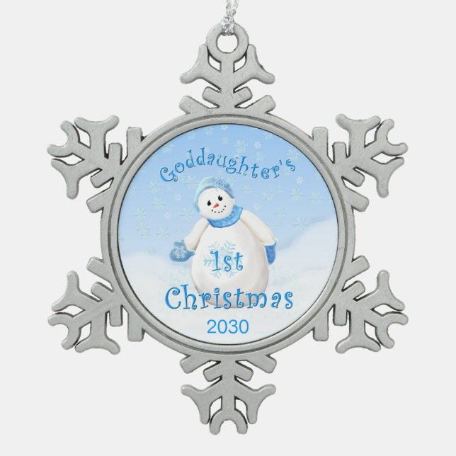 Goddaughter's 1st Christmas Keepsake Snowflake Pewter Christmas Ornament (Front)