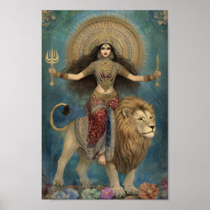 Goddess Durga riding Lion Turquoise Gold Art Poster