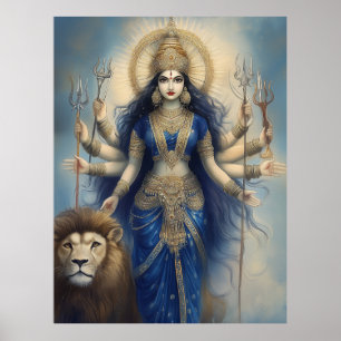 Goddess Durga with Lion Divine Hindu Portrait Post Poster