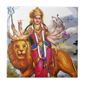 Goddess Durga with Lion Painting Ceramic Tile