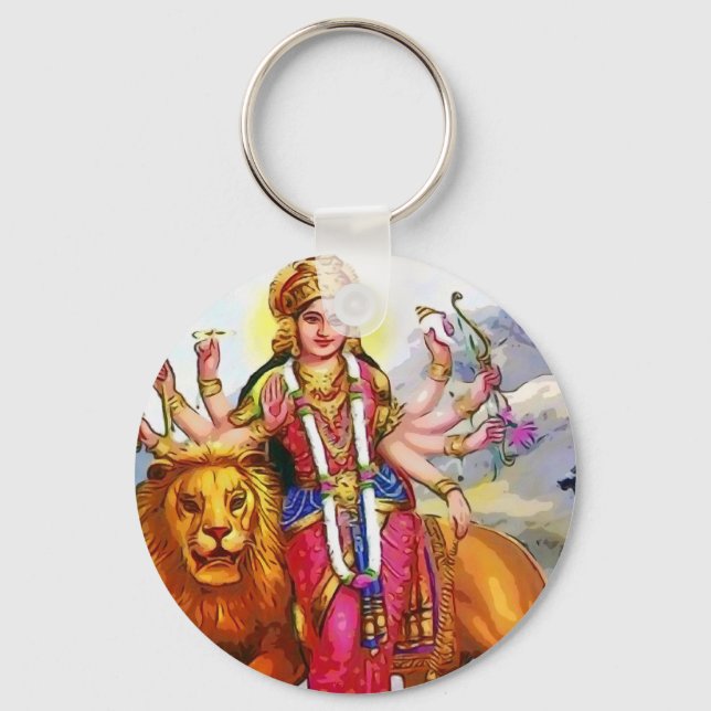 Goddess Durga with Lion Painting Key Ring (Front)