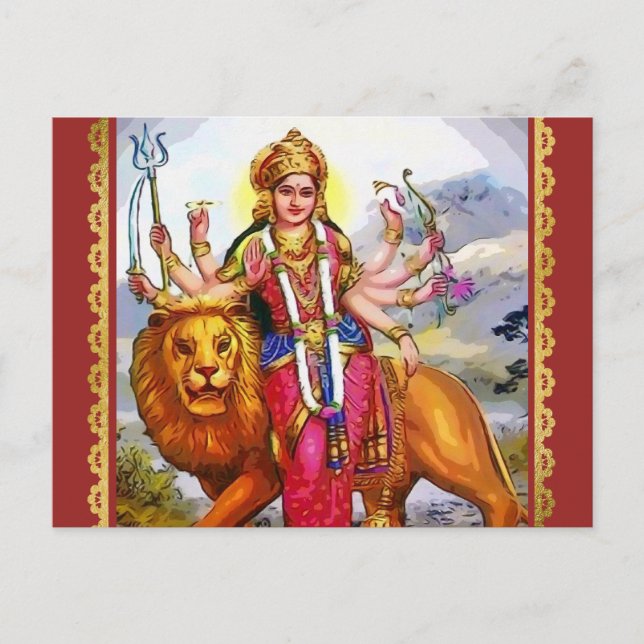 Goddess Durga with Lion Painting Postcard (Front)