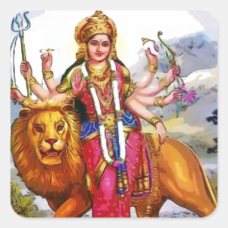 Goddess Durga with Lion Painting Square Sticker
