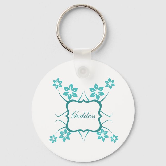 Goddess Floral Keychain, Turquoise Key Ring (Front)