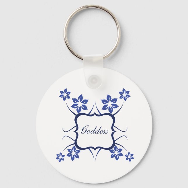 Goddess Floral Keychain, Vibrant Blue Key Ring (Front)