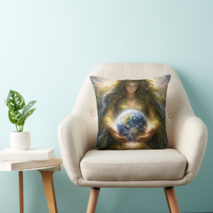 Goddess Gaia Gently Holding Planet Earth Cushion