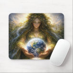 Goddess Gaia Gently Holding Planet Earth Mouse Pad<br><div class="desc">A mythical Gaia figure with hair of cascading leaves,  gracefully holding the Earth as the rivers transform into waterfalls onto her lap</div>
