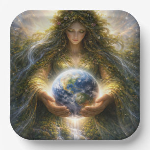 Goddess Gaia Gently Holding Planet Earth Paper Plate