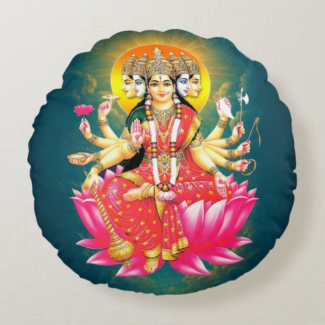 Goddess Gayatri Devi Hindu Deity Round Cushion (Front)