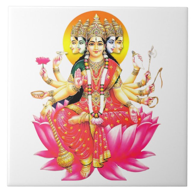 Goddess Gayatri Devi on Lotus Hindu Deity  Ceramic Tile (Front)