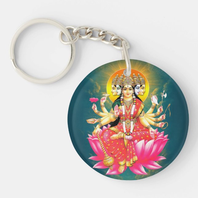 Goddess Gayatri Devi on Lotus Hindu Deity Key Ring (Front)