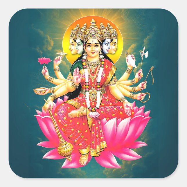 Goddess Gayatri Devi on Lotus Hindu Deity Square Sticker (Front)