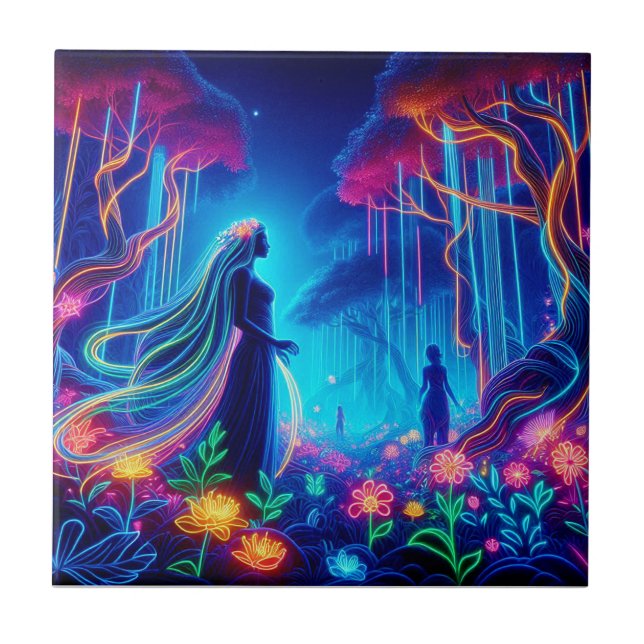 Goddess Neon Forest Of Light Fantasy fairytale art Ceramic Tile (Front)