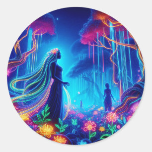 Goddess Neon Forest Of Light Fantasy fairytale art Classic Round Sticker