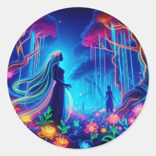 Goddess Neon Forest Of Light Fantasy fairytale art Classic Round Sticker