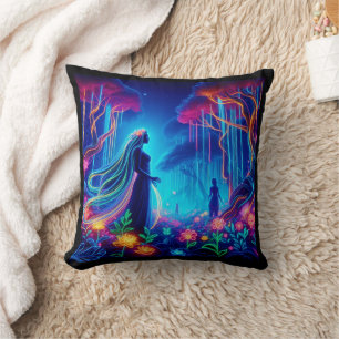 Goddess Neon Forest Of Light Fantasy fairytale art Cushion