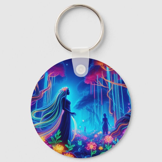 Goddess Neon Forest Of Light Fantasy fairytale art Key Ring (Front)