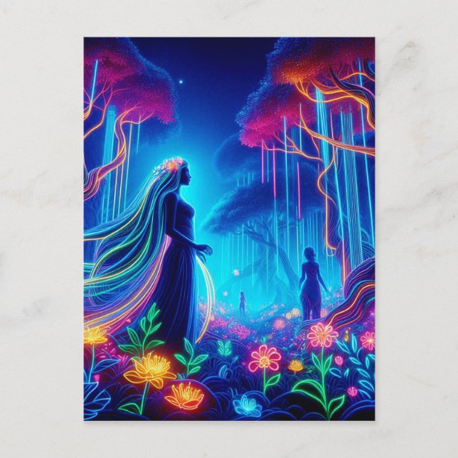 Goddess Neon Forest Of Light Fantasy fairytale art Postcard (Front)