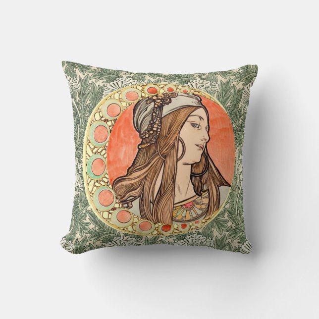 Goddess of beauty by Alphonse Maria Mucha  Cushion (Front)