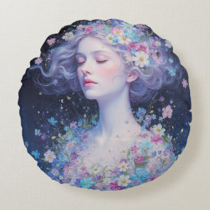 “Goddess of Light – Celestial Bloom Round Pillow” Cushion