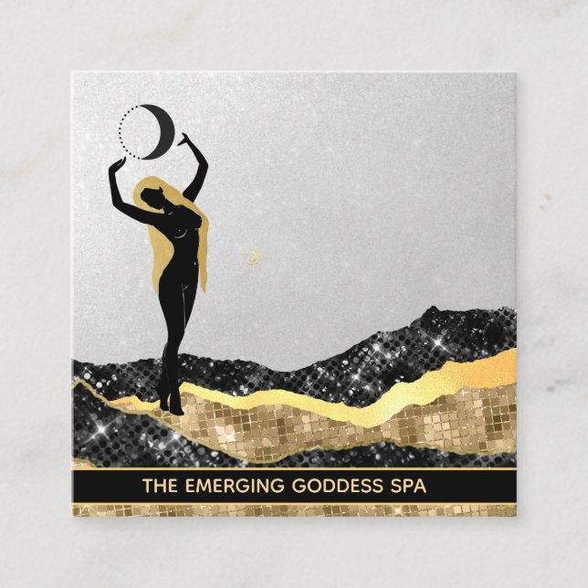*~* Goddess Ombre Grey SILVER Glitter Cosmic Moon Square Business Card (Front)