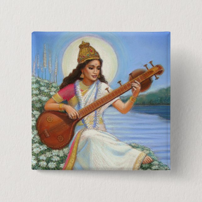 Goddess Sarasvati 15 Cm Square Badge (Front)