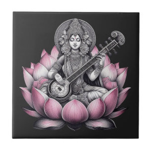 Goddess Saraswati on Lotus Ceramic Tile
