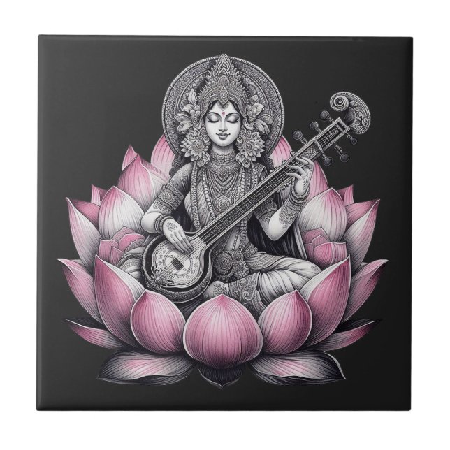 Goddess Saraswati on Lotus Ceramic Tile (Front)