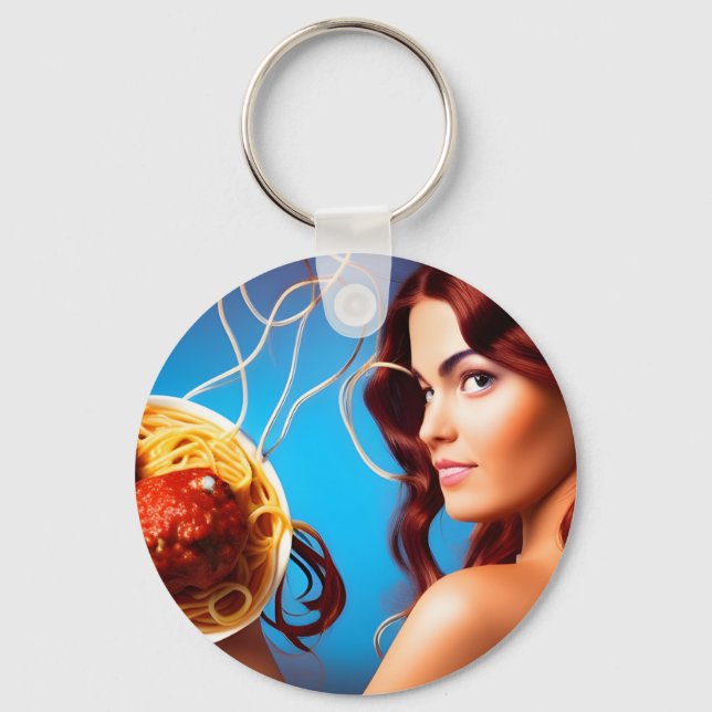 Goddess With A Plate Of Spaghetti and Meatballs Key Ring (Front)