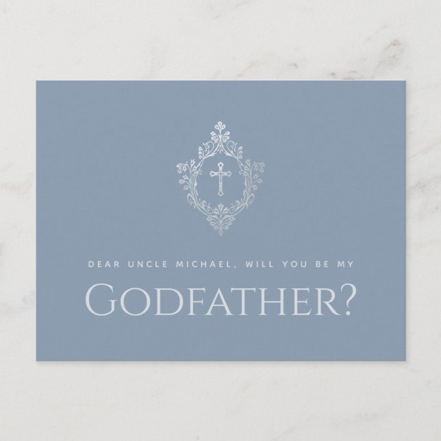 Godfather Proposal Dust Blue Elegant Crest Cross Holiday Postcard (Front)