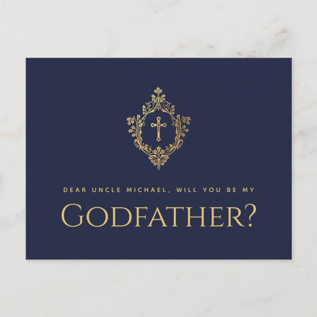 Godfather Proposal Navy Blue Cross Crest Faux Gold Holiday Postcard (Front)