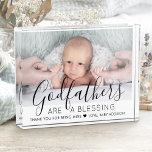 Godfather Thank You Baptism or Christening Modern Photo Block<br><div class="desc">A thoughtful way to thank your baby's godfather is to give him a stylish photo gift of his godchild that he can save as a keepsake. All pictures and wording are simple to personalise, including quote that reads "Godfathers are a blessing, thank you for being mine." (IMAGE PLACEMENT TIP: An...</div>