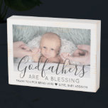 Godfather Thank You Baptism or Christening Photo Wooden Box Sign<br><div class="desc">A thoughtful way to thank your baby's godfather is to give him a stylish photo gift of his godchild that he can save as a keepsake. All pictures and wording are simple to personalise, including quote that reads "Godfathers are a blessing, thank you for being mine." (IMAGE PLACEMENT TIP: An...</div>