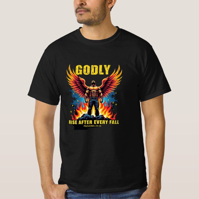 Godly Rise - Fire-Winged Warrior (Proverbs 24:16) T-Shirt (Front)
