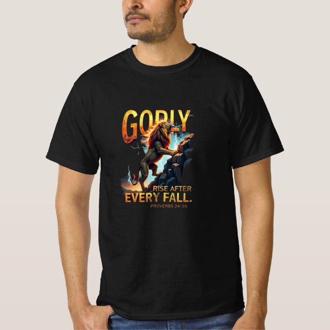 Godly Rise - Lion Climbing Rock (Proverbs 24:16) T-Shirt (Front)