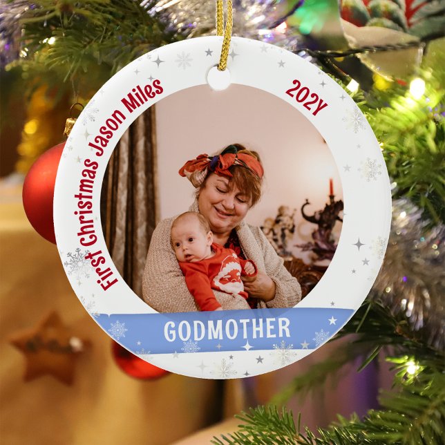 Godmother Baby Personalised First Christmas Photo  Ceramic Ornament (Modern Elegant Cute First Christmas Baby Love you Godmother 1 Photo Snowflakes Stars Bow Holly)