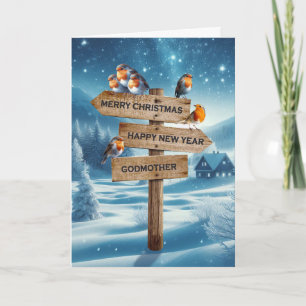 Godmother Christmas Robins on a Signpost Holiday Card