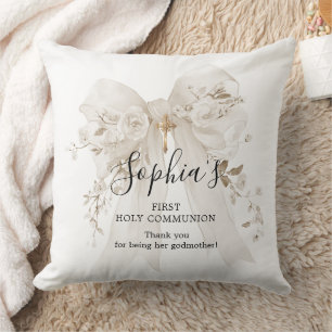 Godmother Gift First Communion White Bow Roses Cushion