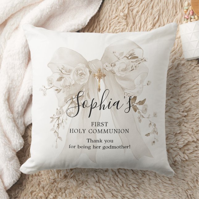 Godmother Gift First Communion White Bow Roses Cushion (Blanket)