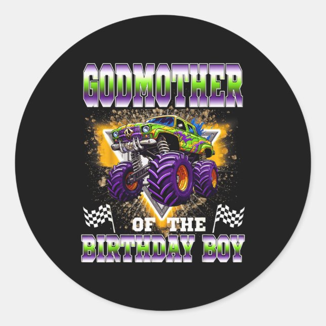 Godmother Of The Birthday Boy Monster Truck Birthd Classic Round Sticker (Front)