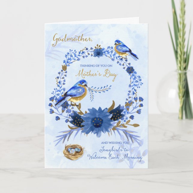 Godmother on Mother's Day Watercolor Bluebirds Card (Front)