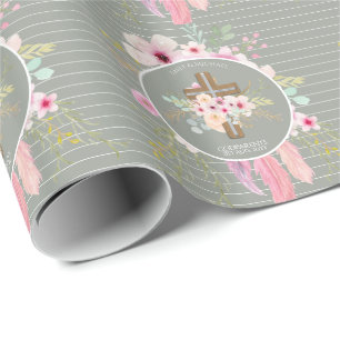 Godmother - Personalised Floral Cross Sage Green Wrapping Paper