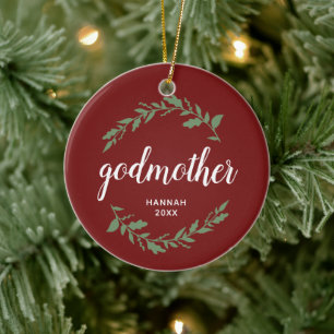 Godmother Personalised Gift Festive Laurel Wreath Ceramic Ornament